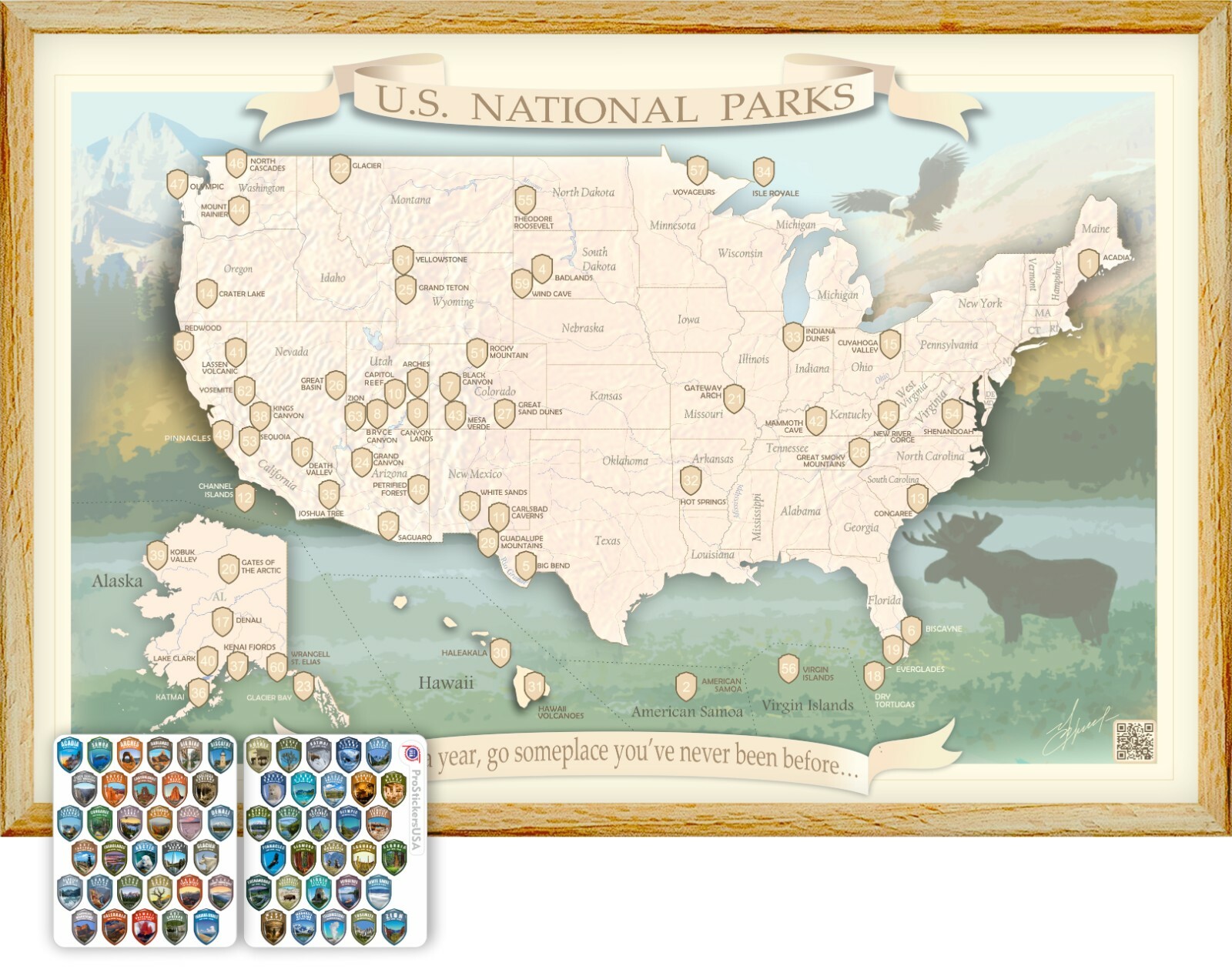 National Parks Map Push Pin and 3D Domed Stickers (rustic style frame)