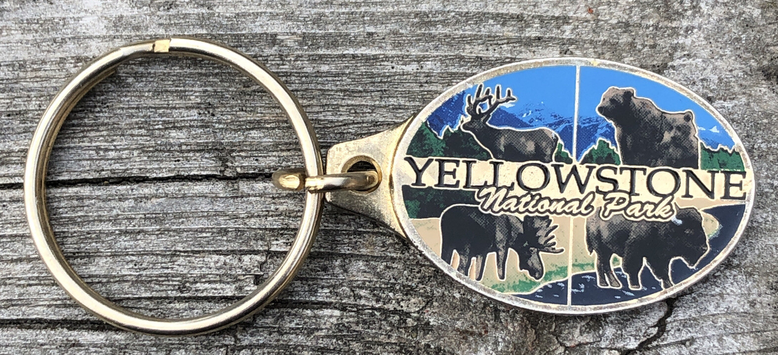 Vintage Yellowstone Brass Keychain ‘The Grand Old Park’ Geyser Old Faithful Bear
