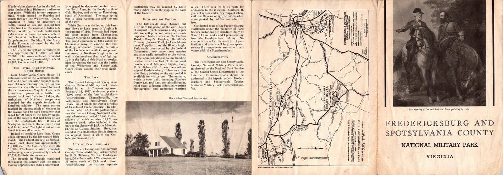 1942 Fredericksburg and Spotsylvania County National Military Park Brochure Map