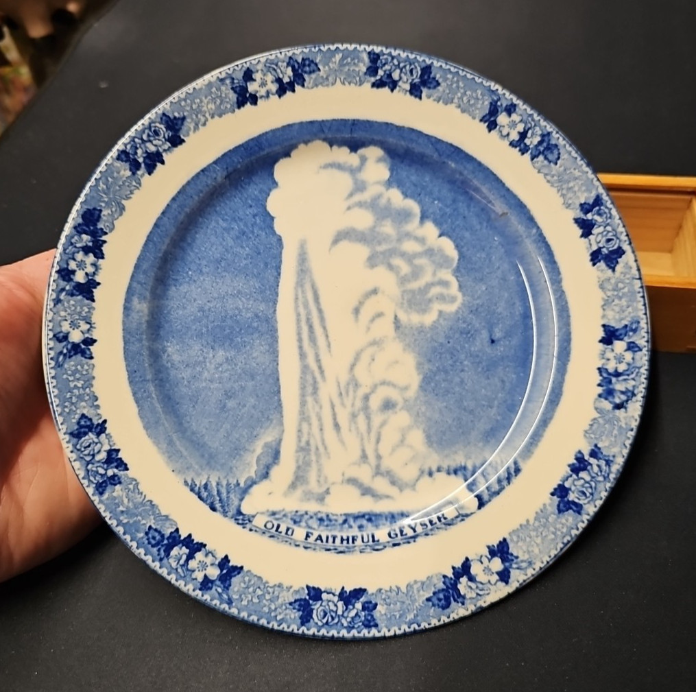 Old Faithful Geyser Blue & White Plate Old English Staffordshire ware Souvenir