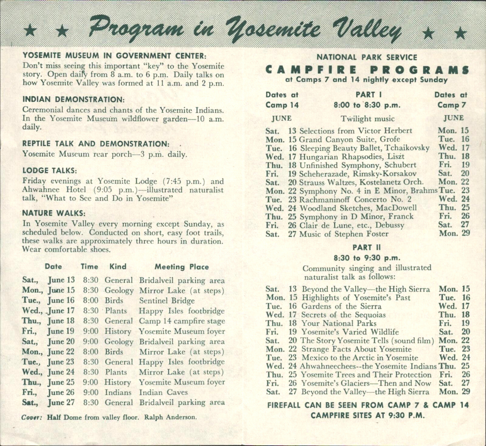 1953 YOSEMITE NATIONAL PARK vtg schedule pamphlet NATURALIST PROGRAM California