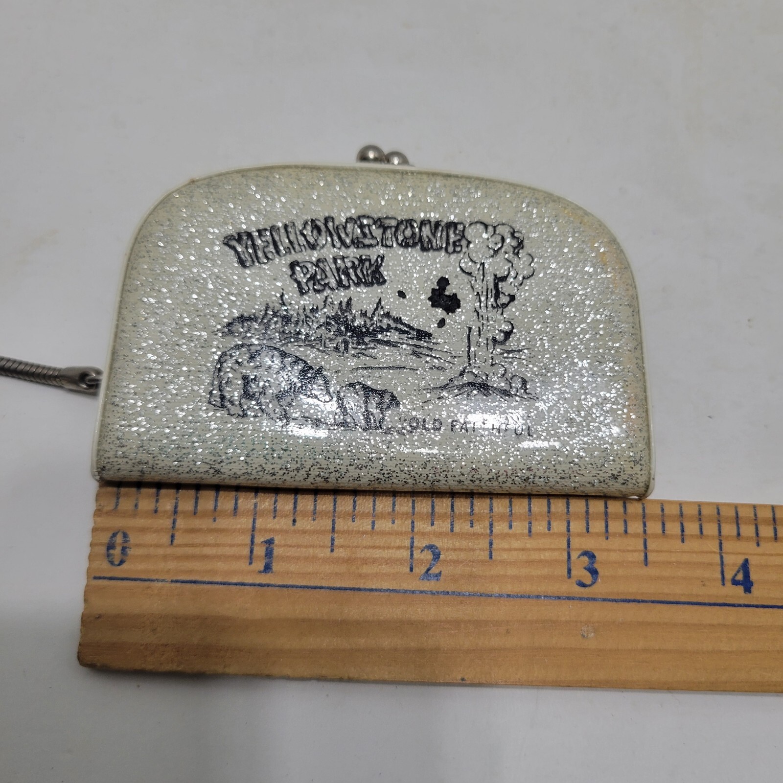 Vintage Yellowstone Park Money Coin Holder Purse Keychain Souvenir Silver Glitte