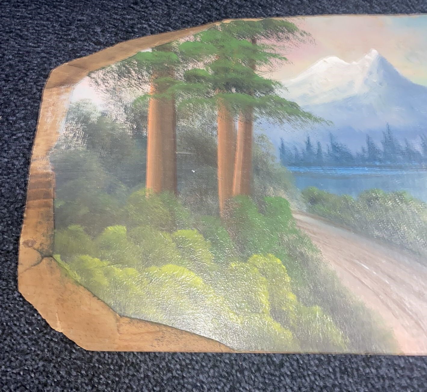 1937 Glacier National Park slab wood painting Mountain Lake 15 1/8″ by 7 5/8″