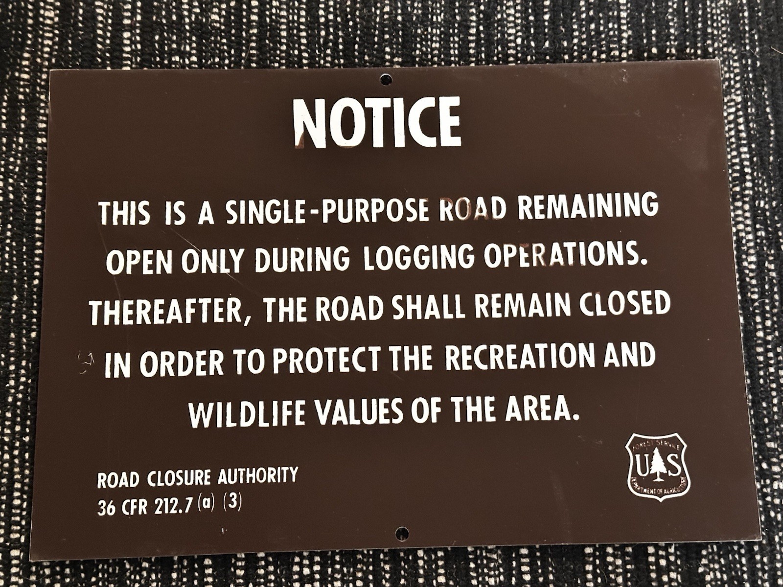 Vintage USFS United States Forest Service ”SINGLE PURPOSE ROAD” Plastic Sign