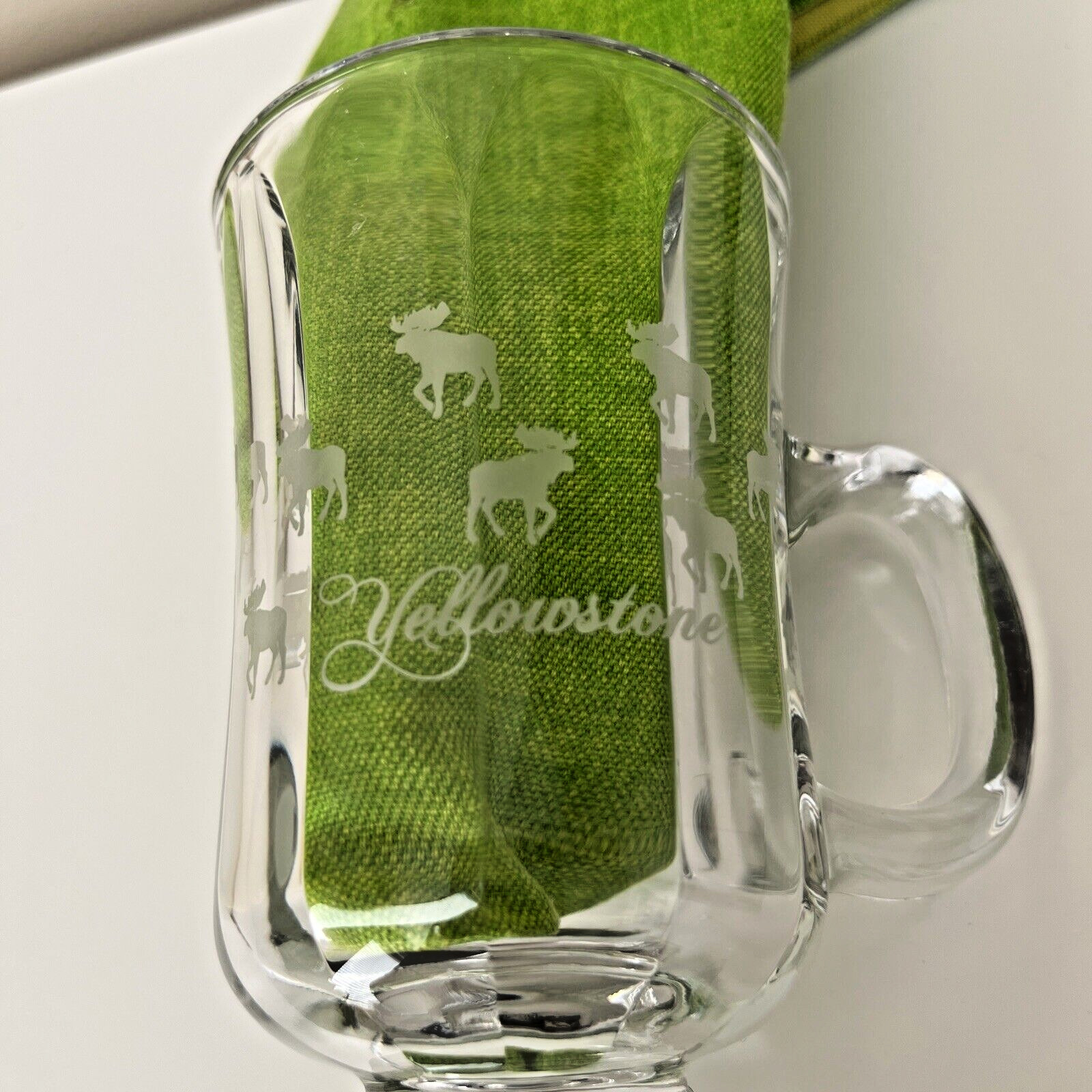 Vintage Yellowstone Footed Clear Glass Mug W/Etched Moose 12 Oz Stands 5.5″