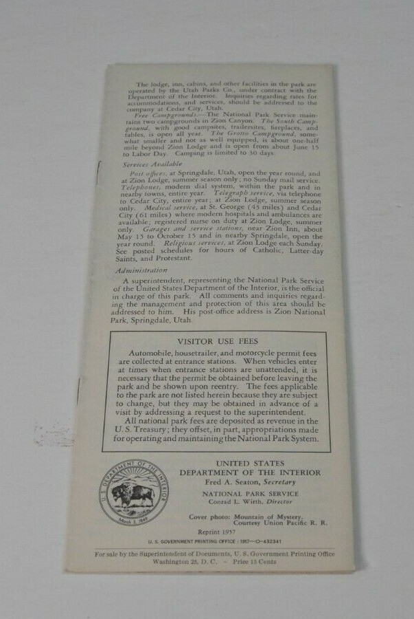 1957 Zion National Park Utah Brochure Trails Horseback Trip Fishing Expense Tour