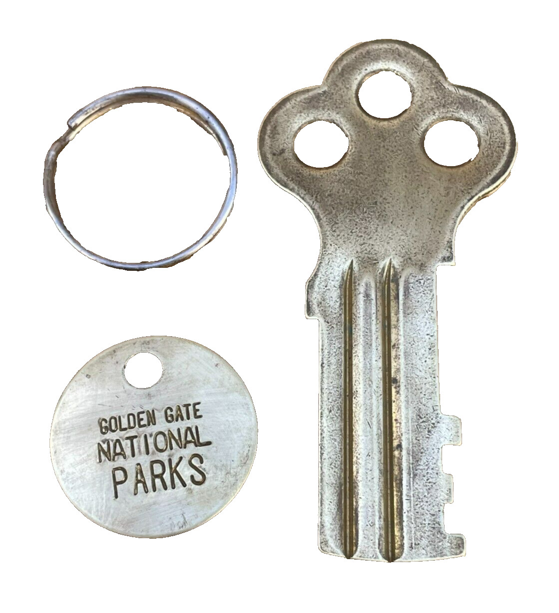 Vintage Souvenir Alcatrz Brass Key w/ Golden Gate National Park Tag Fob