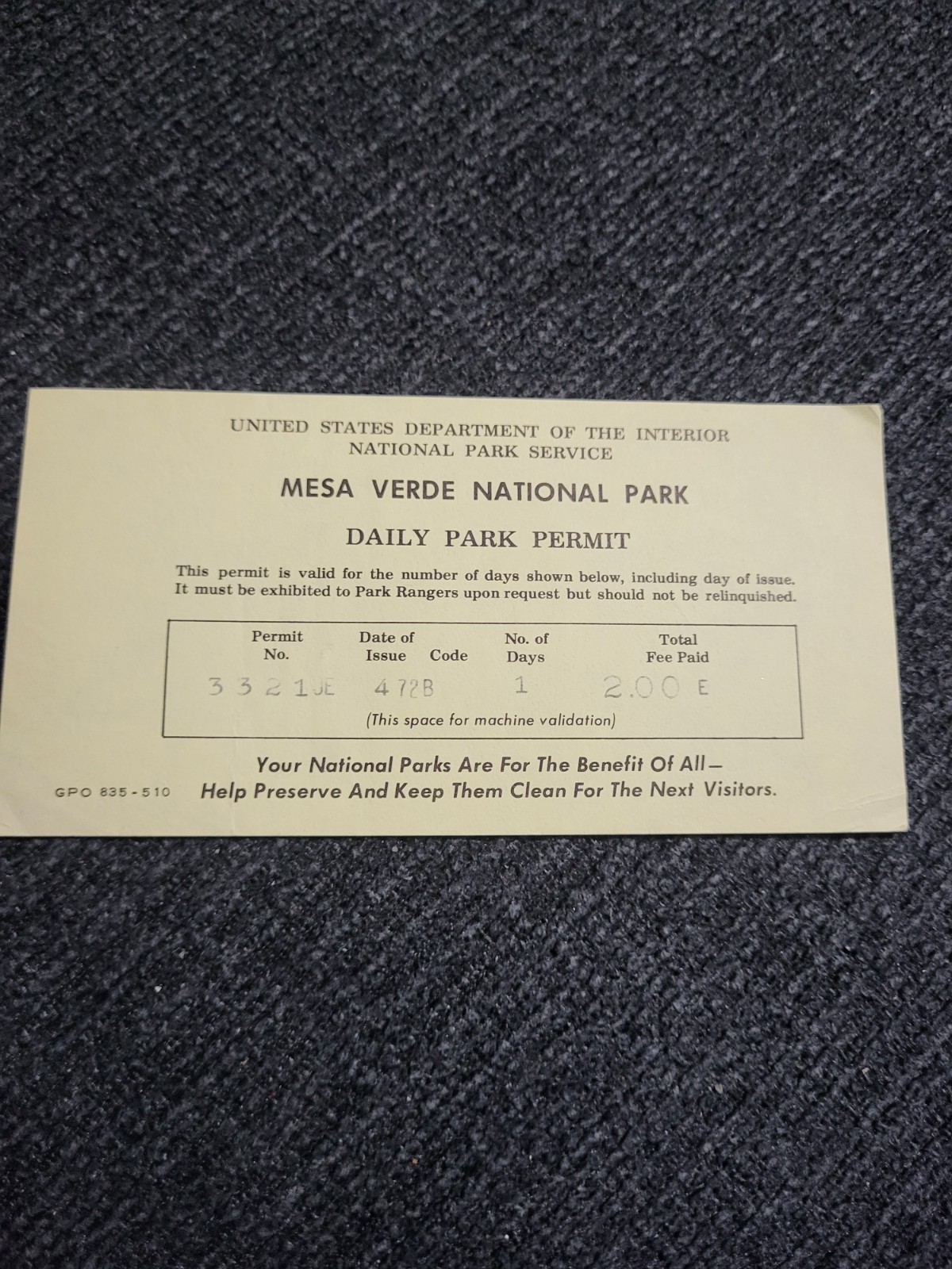 1972 Mesa Verde National Park Automobile Permit Ticket Stub