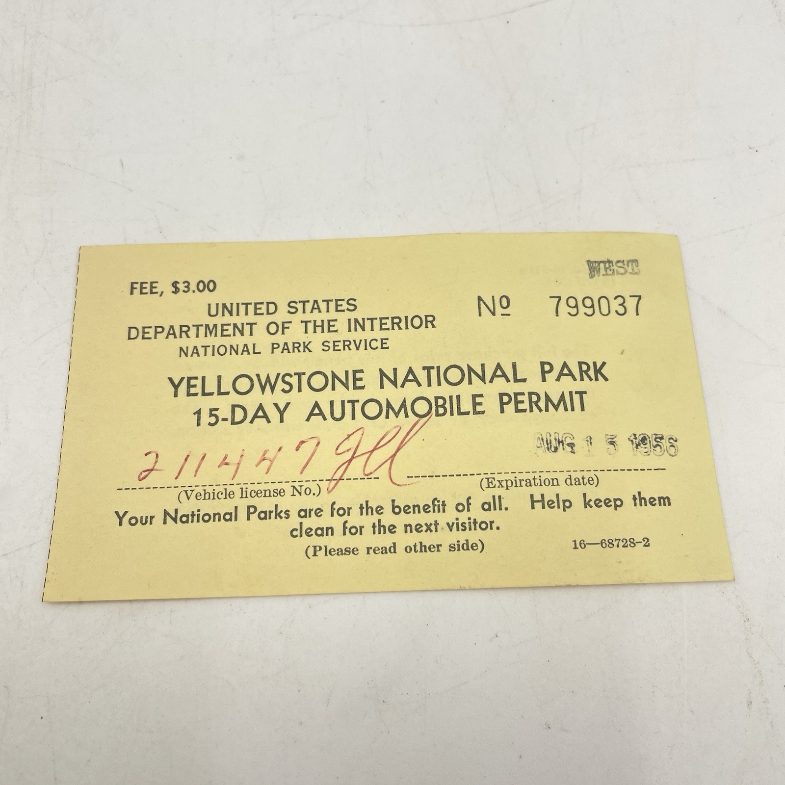 Vintage ‘1956’ Yellowstone National Park 15-Day Automobile Yellow Permit And Map