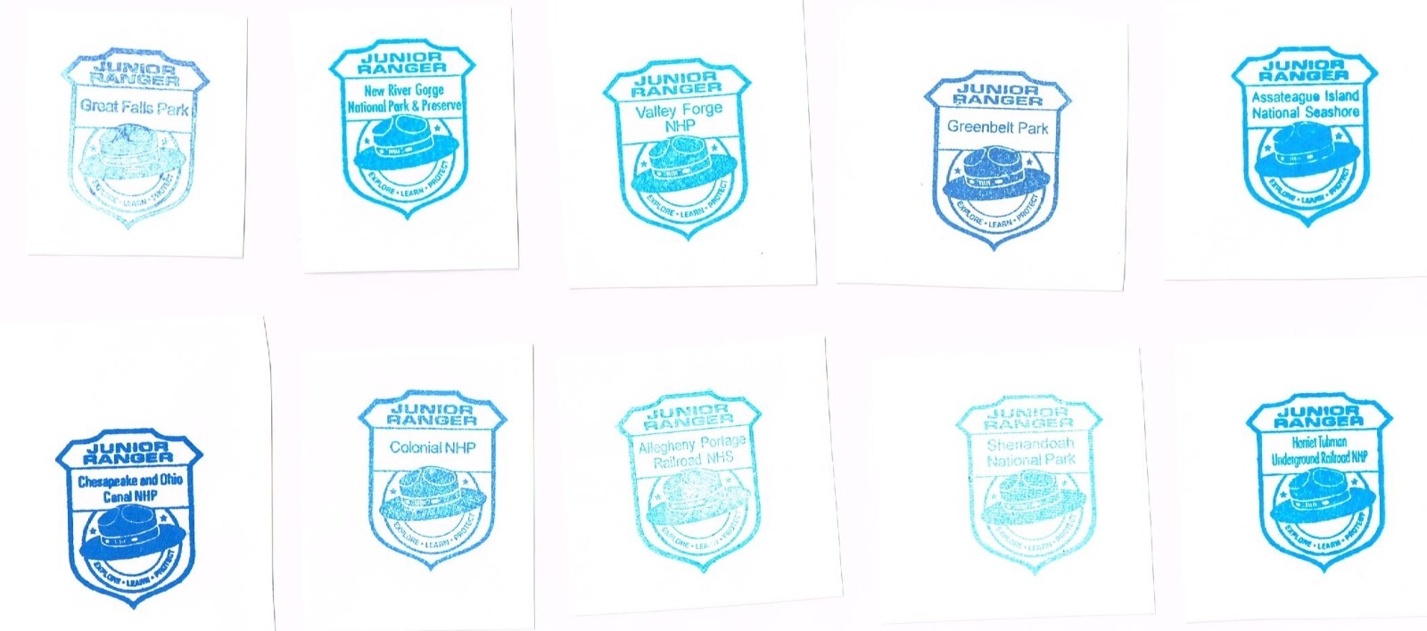 NPS Mid-Atlantic Region Junior Ranger rubber stamp impressions – 20 different