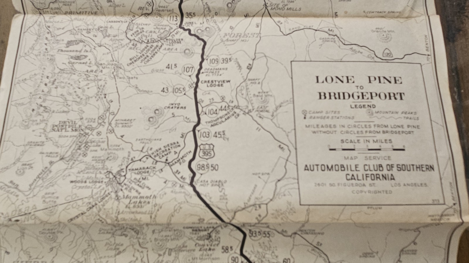 Large 1930s ? Lone Pine Bridgeport Yosemite CALIFORNIA CA Foldout Auto MAP