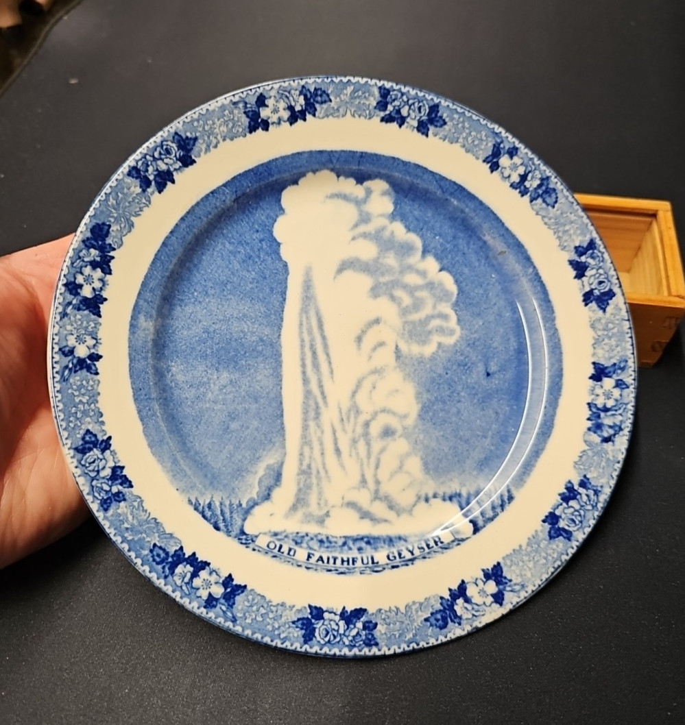 Old Faithful Geyser Blue & White Plate Old English Staffordshire ware Souvenir