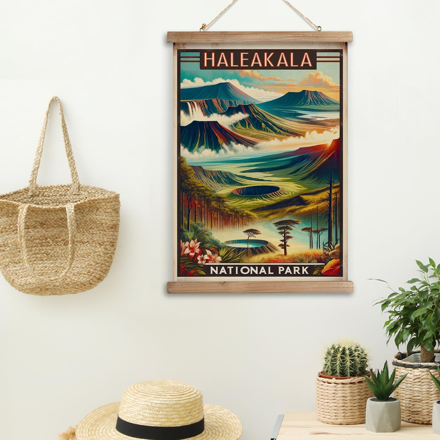 Vintage Haleakala National Park Travel Poster with Wooden Scroll Frame – Holiday