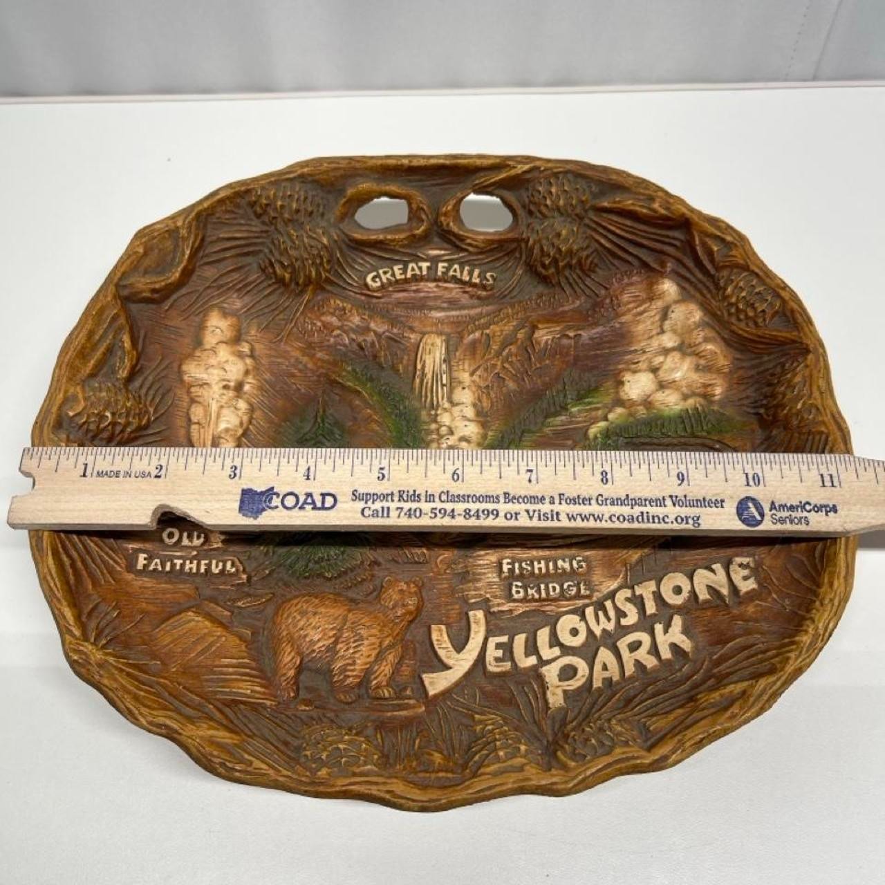 Taco faux wood footed souvenir tray Yellowstone Park,Old Faithful,Great Falls