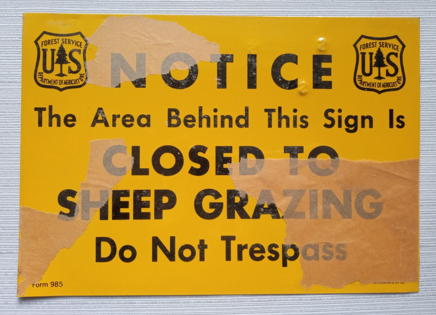 Vintage National Forest Service Metal Sign “Notice…Closed to Sheep Grazing”
