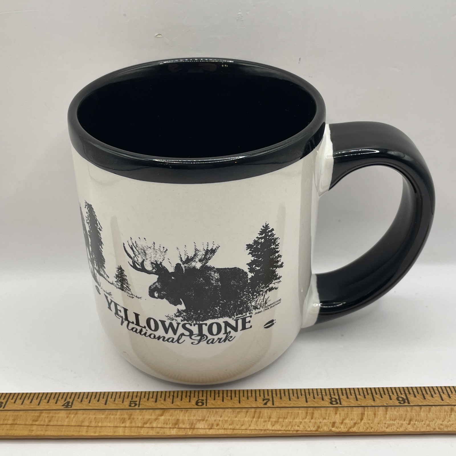 Yellowstone National Park Black & White Coffee Mug Cup with Moose Design EUC