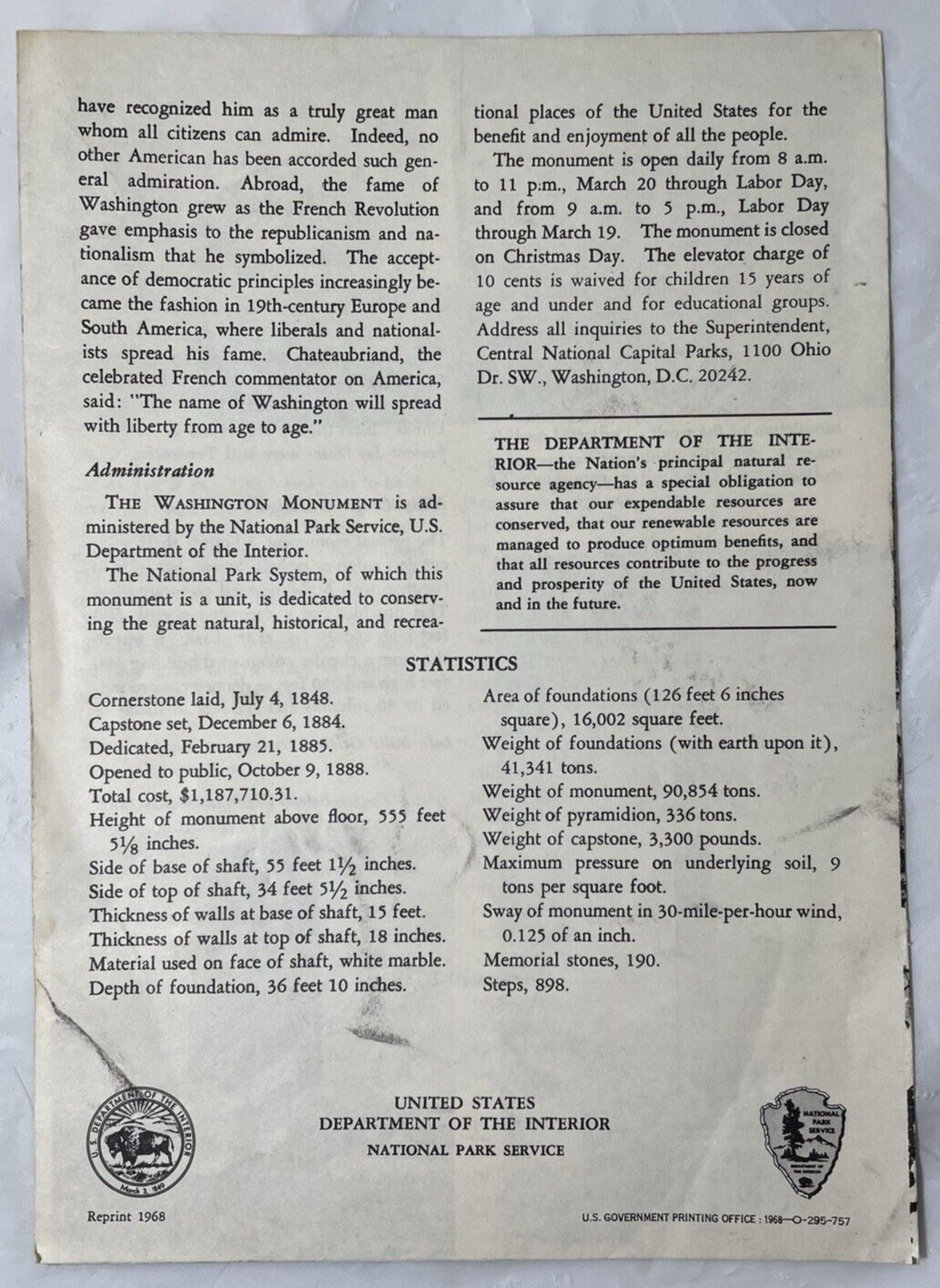 1968 Washington Monument brochure History Dept of Interior Nat’l Park Service
