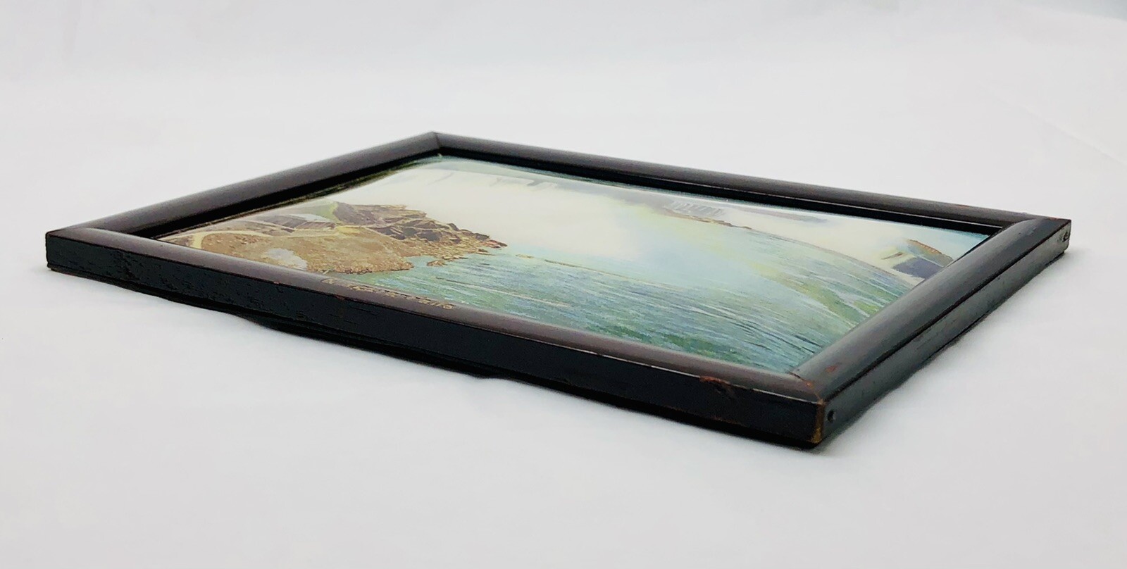VTG Niagara Falls Lithograph Print Curved Glass Picture Wood Frame Stand Germany