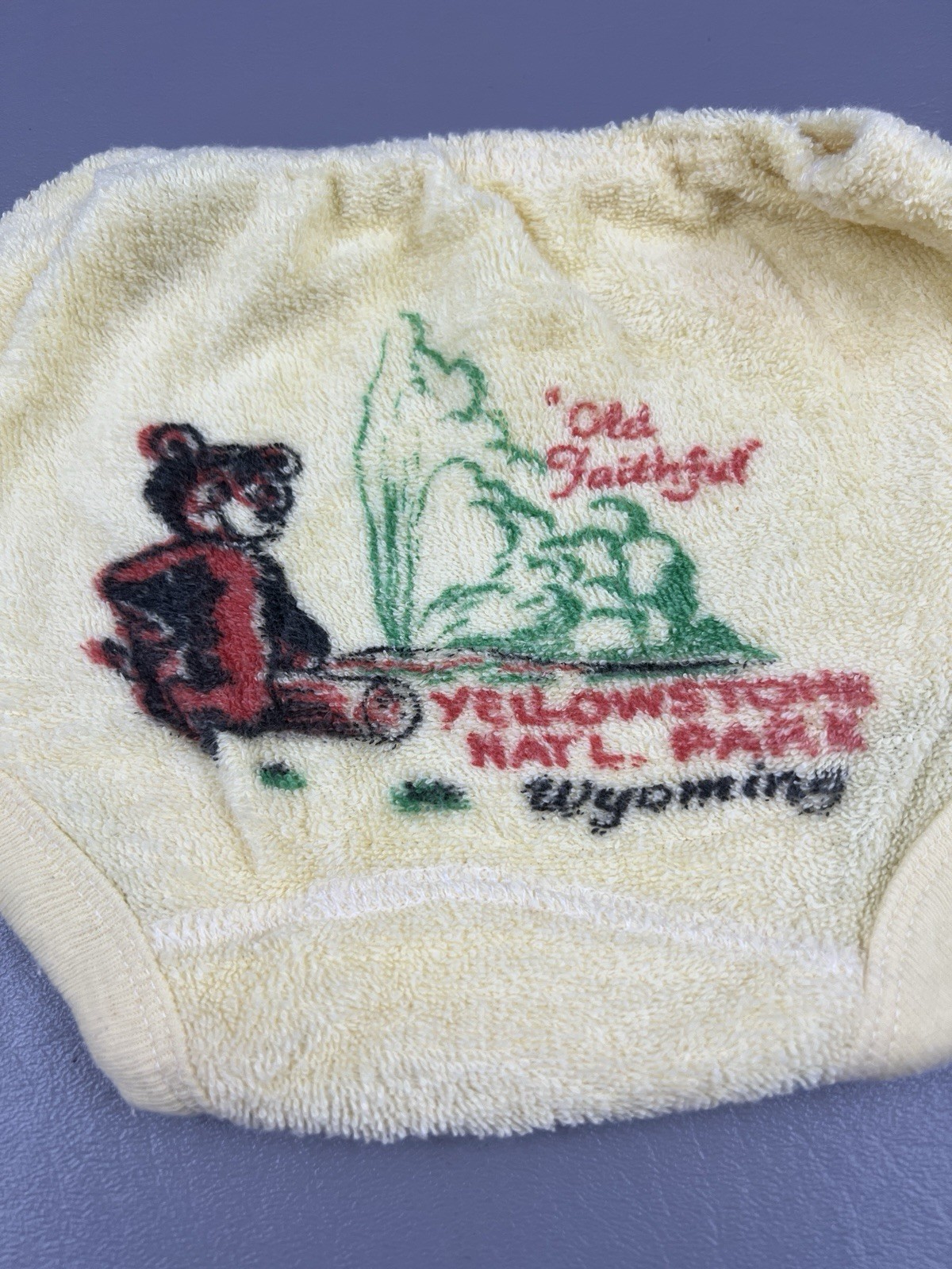 Vintage Yellowstone Nat’l Park Wyoming Bear Yellow Diaper Cover Old Faithful