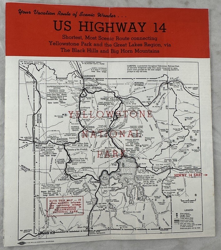 Antique Map Brochure US 14 Wyoming Yellowstone National Park Cowgirl Horse