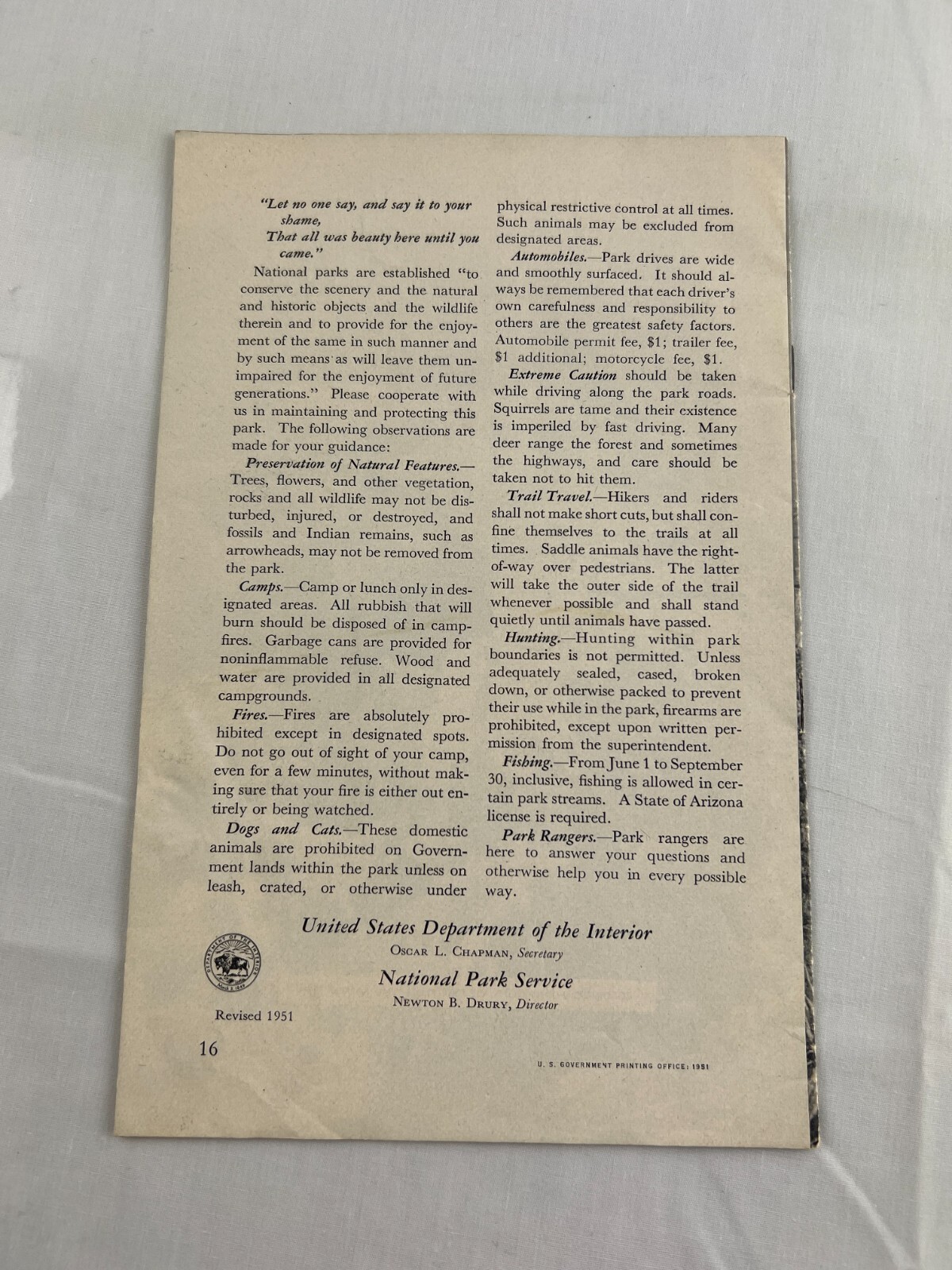 1951 Grand Canyon National Park in Arizona Visitors Guide Brochure