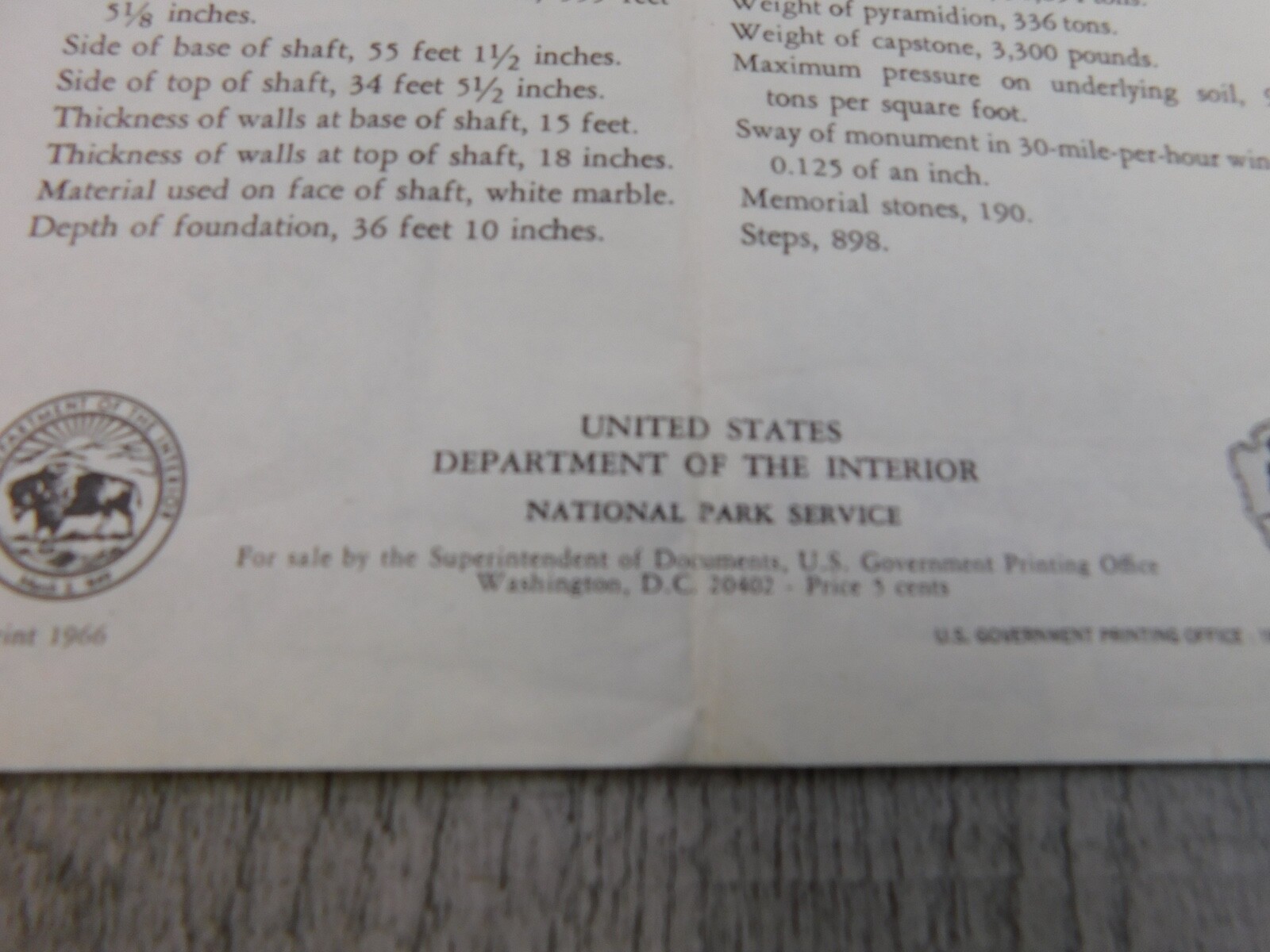 Washington Monument Brochure 1966 History Dept of Interior Nat’l Park Service