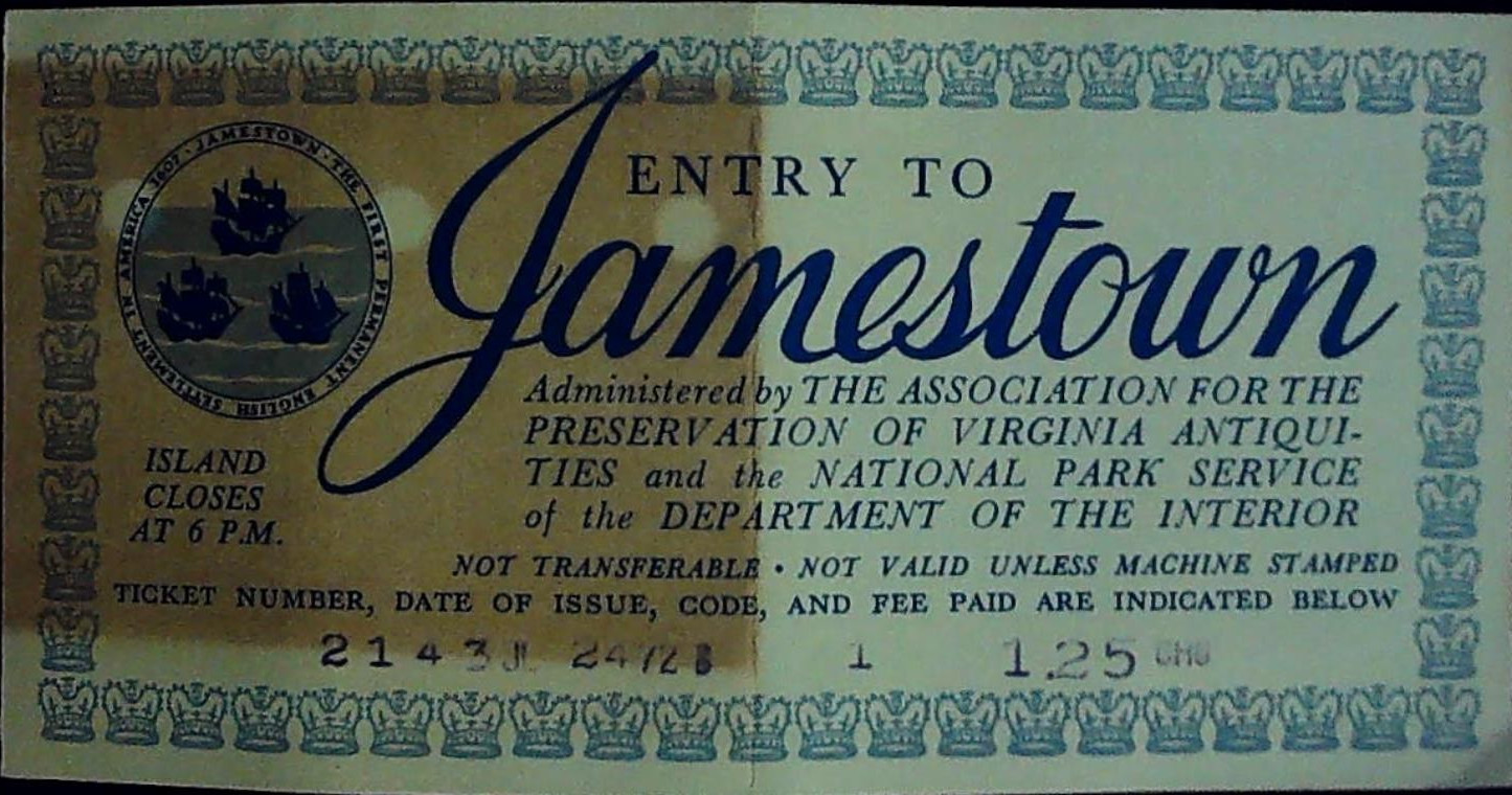 Jamestown Island National Park Entry Ticket Stub Visitor Center Stamp 7/24/1972