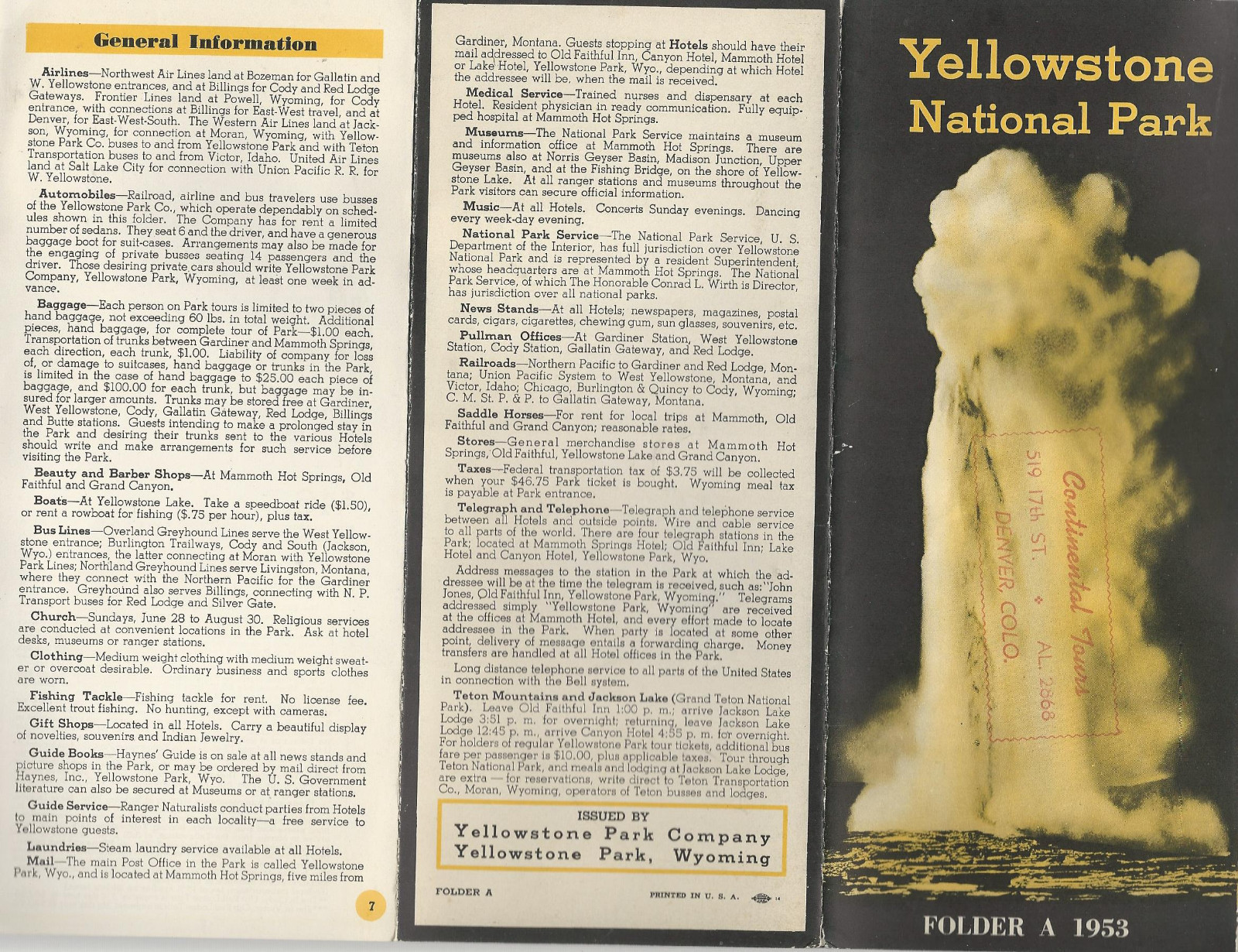 Yellowstone National Park 1953 Foldout Brochure Lodging Photos Tours Small Map