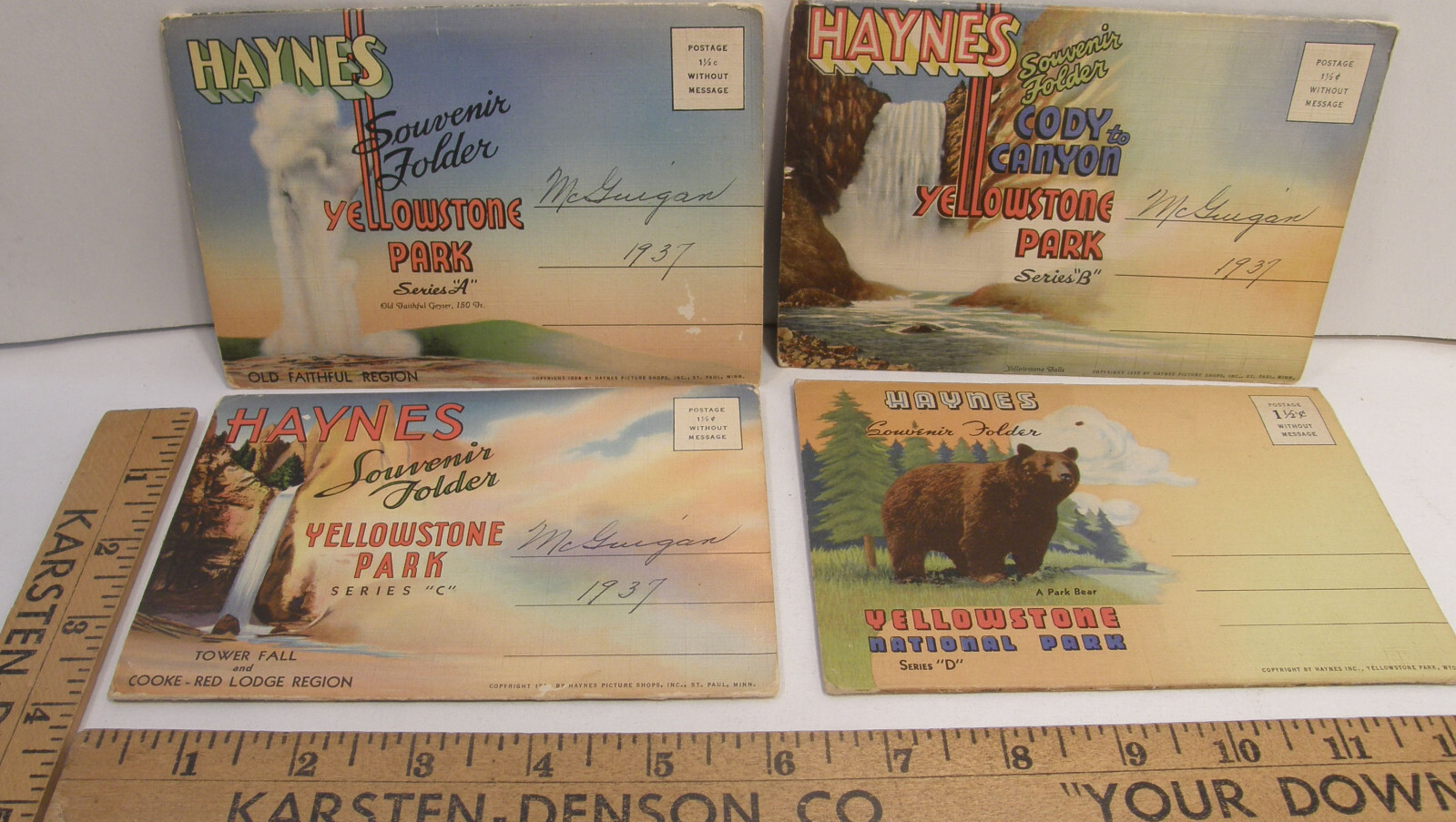 VINTAGE c1937 HAYNES SOUVENIR FOLDER POSTCARD YELLOWSTONE PARK SERIES A B C D