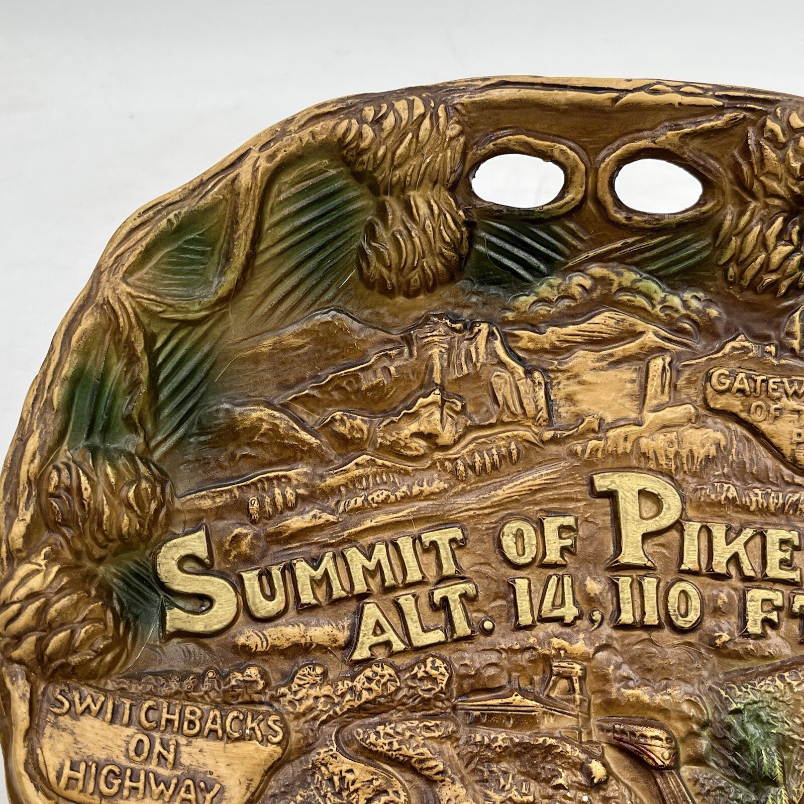 Vintage Pikes Peak Region Souvenir Faux Wood Bowl Plate Wall Hanging
