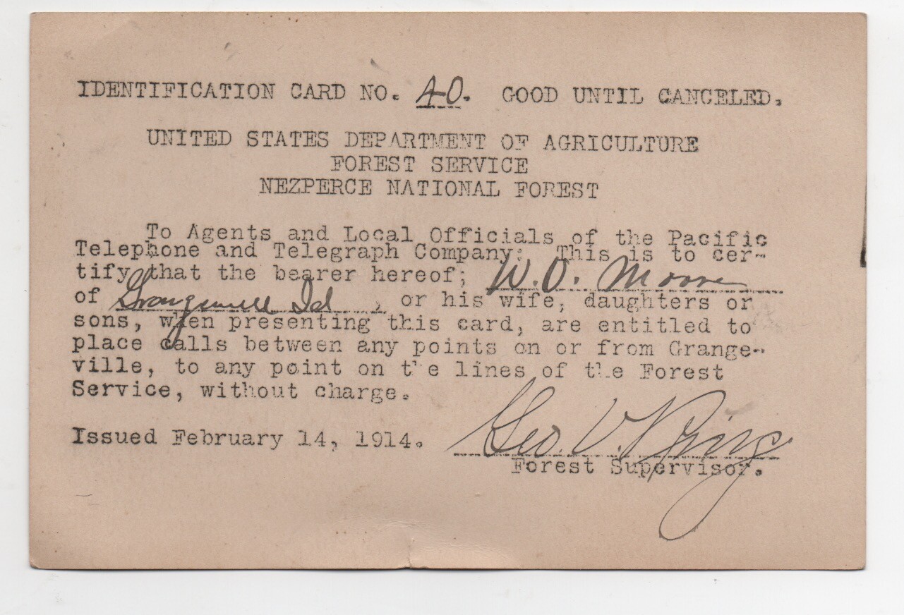 1914 US Dept of Agriculture Telephone Call Pass for Nezperce National Forest
