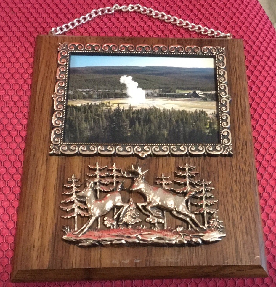 Souvenir Wall Plaque. Old Faithful. Yellow Stone National Park. Deer Framed 0903