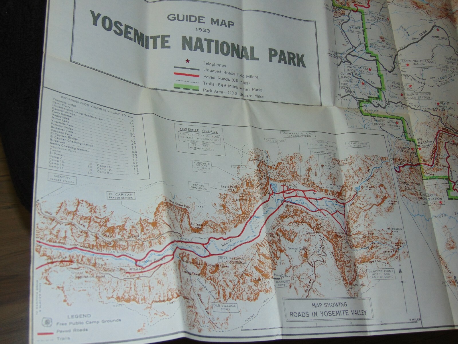 REPRINT OF 1933 U.S. DEPT. OF THE INTERIOR 28″ X 32″ YOSEMITE GUIDE MAP & MANUAL