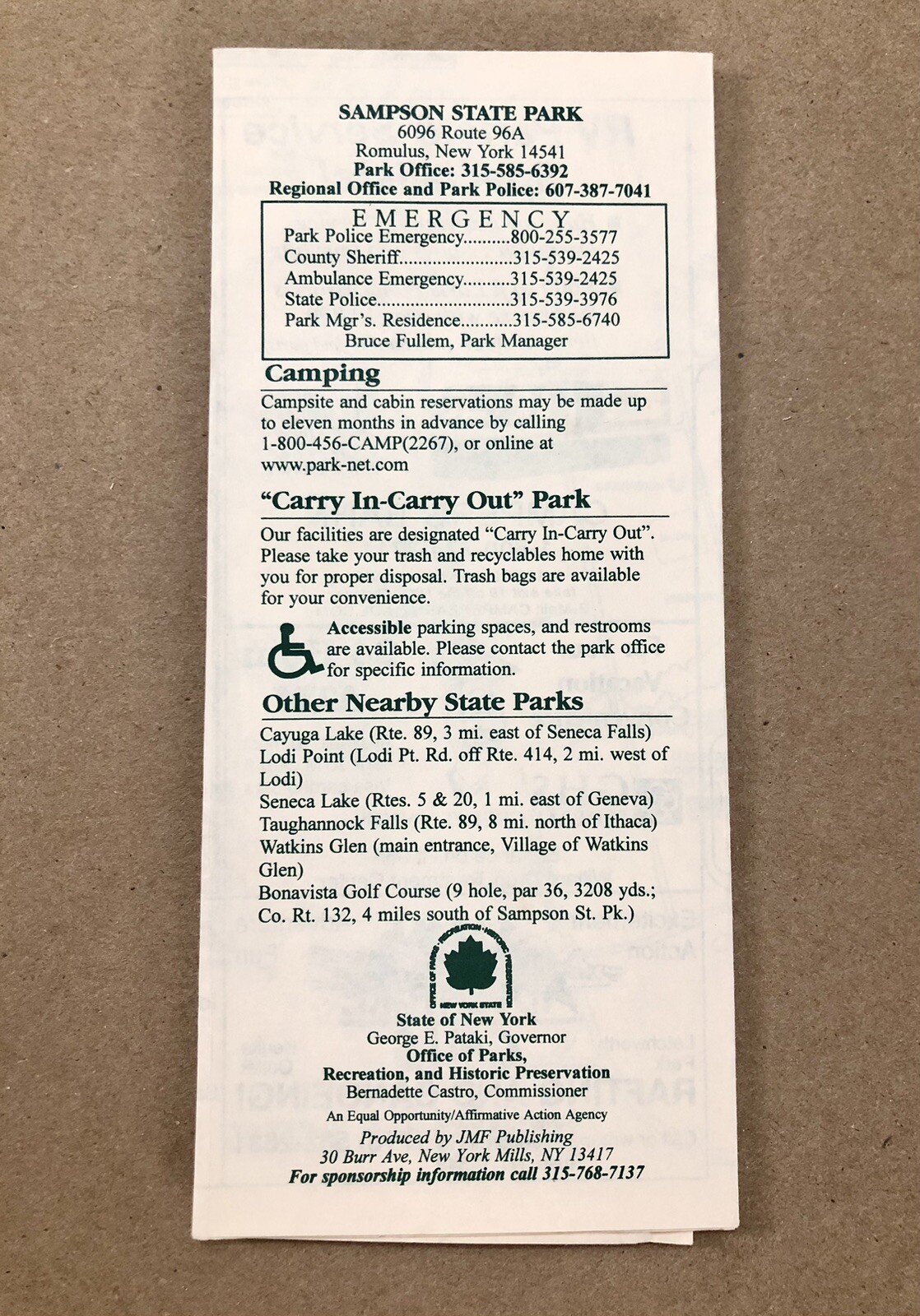 Sampson State Park, Vintage Map & Brochure, 1998, New York State Parks & Rec VG!