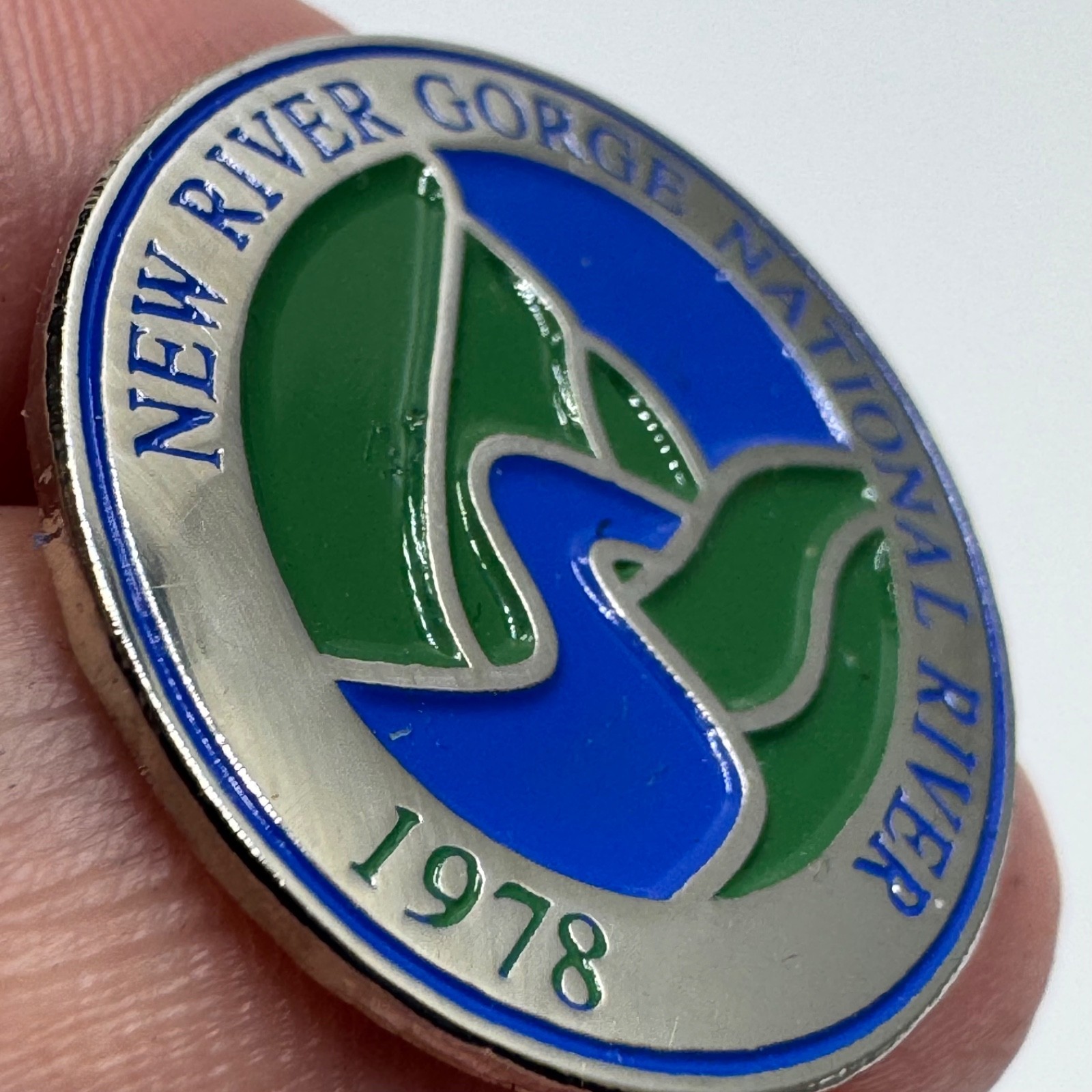 Vintage New River Gorge National River 1978 Round Blue Green Enamel Lapel Pin