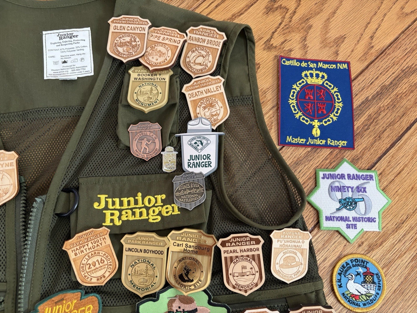National Parks Junior Ranger Vest W/ 11 Patches & 45 Pins. Vest Adult Small
