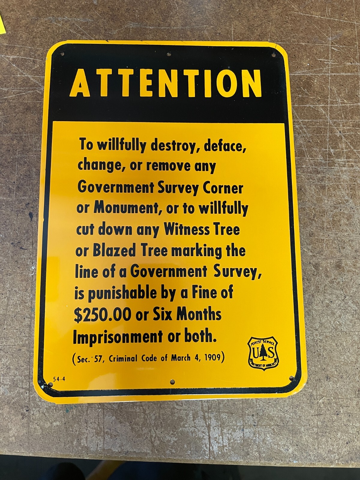 VINTAGE tin U S FOREST SERVICE survey monument sign national smokey bear metal