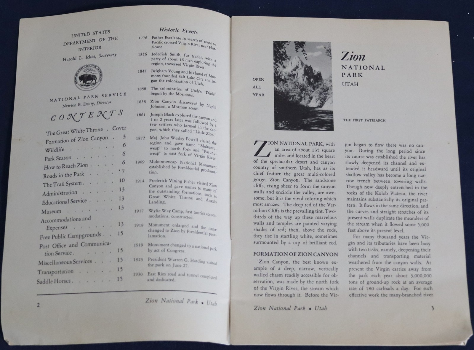 1942 Zion National Park, UT Booklet – U.S. Government