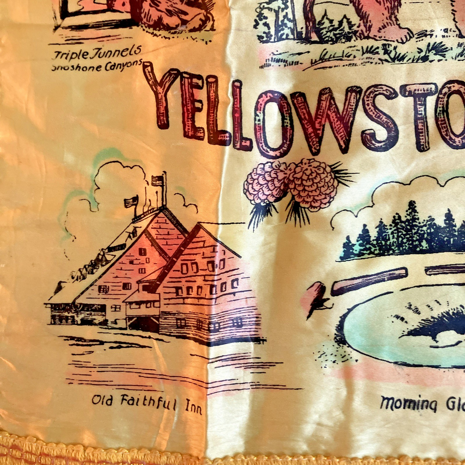Vintage Yellow Yellowstone Park Scenic Wonders Souvenir Silk Pillow Sham