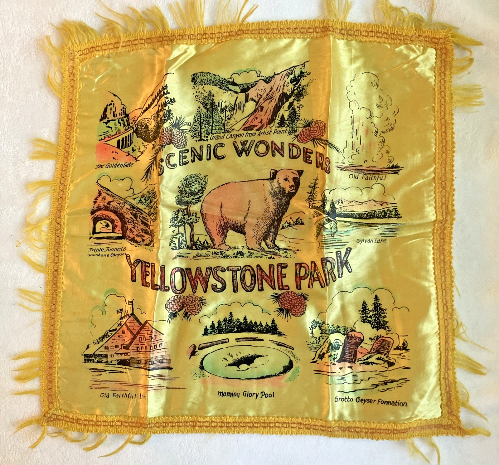 Vintage Yellow Yellowstone Park Scenic Wonders Souvenir Silk Pillow Sham