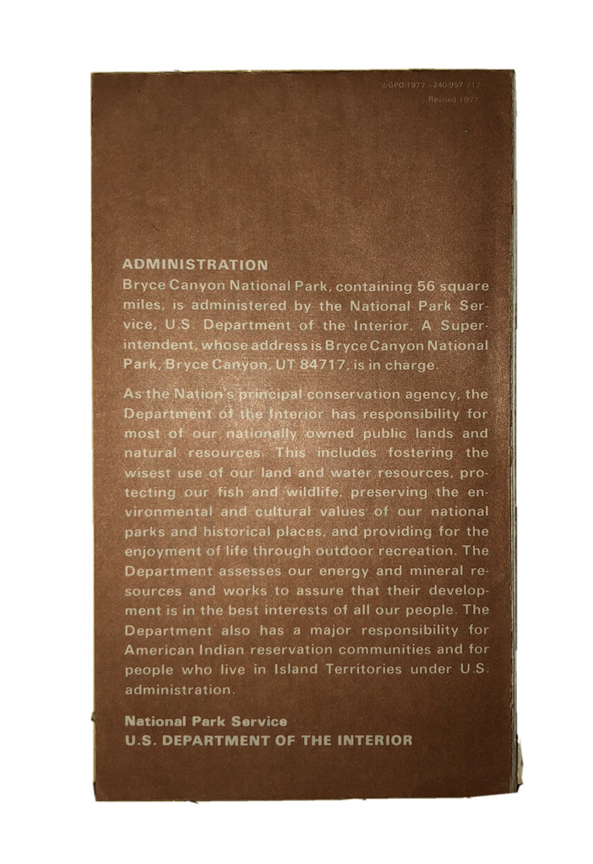 1977 Bryce Canyon National Park, Utah MAP Souvenir Tourist Pamphlet Dept. Of Int