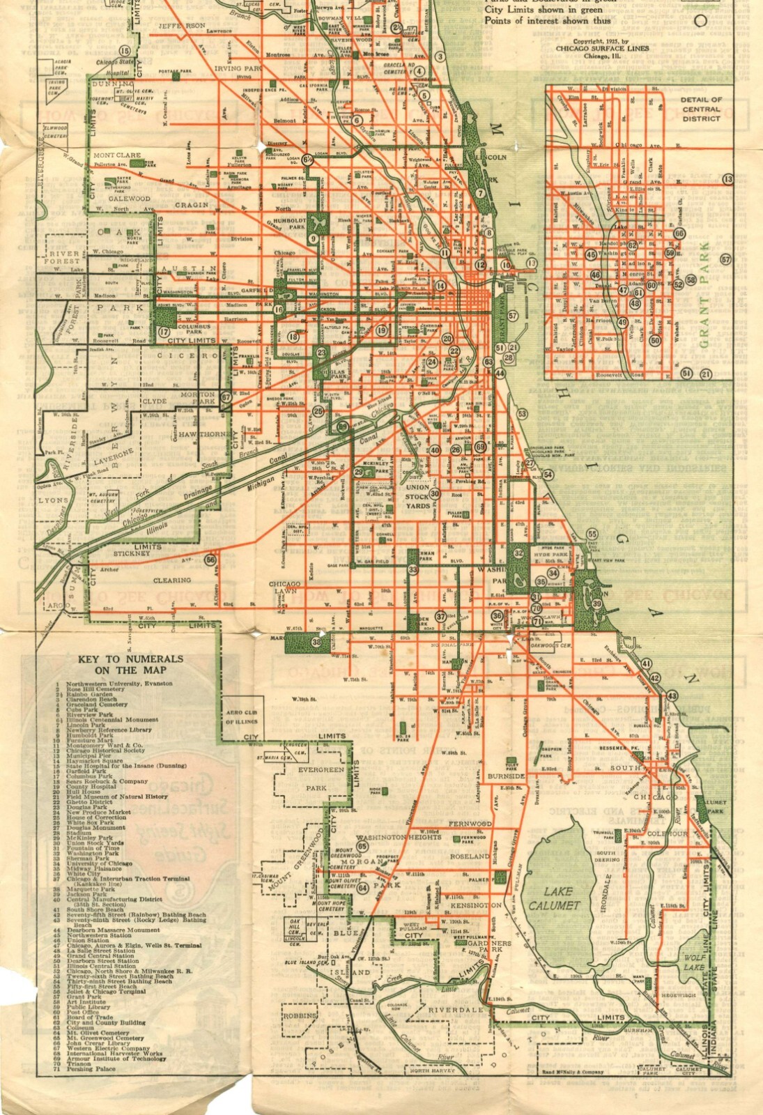 2 Chicago Maps – Surface Lines – 1925 – New Street Number Map (Pocket) Undated?