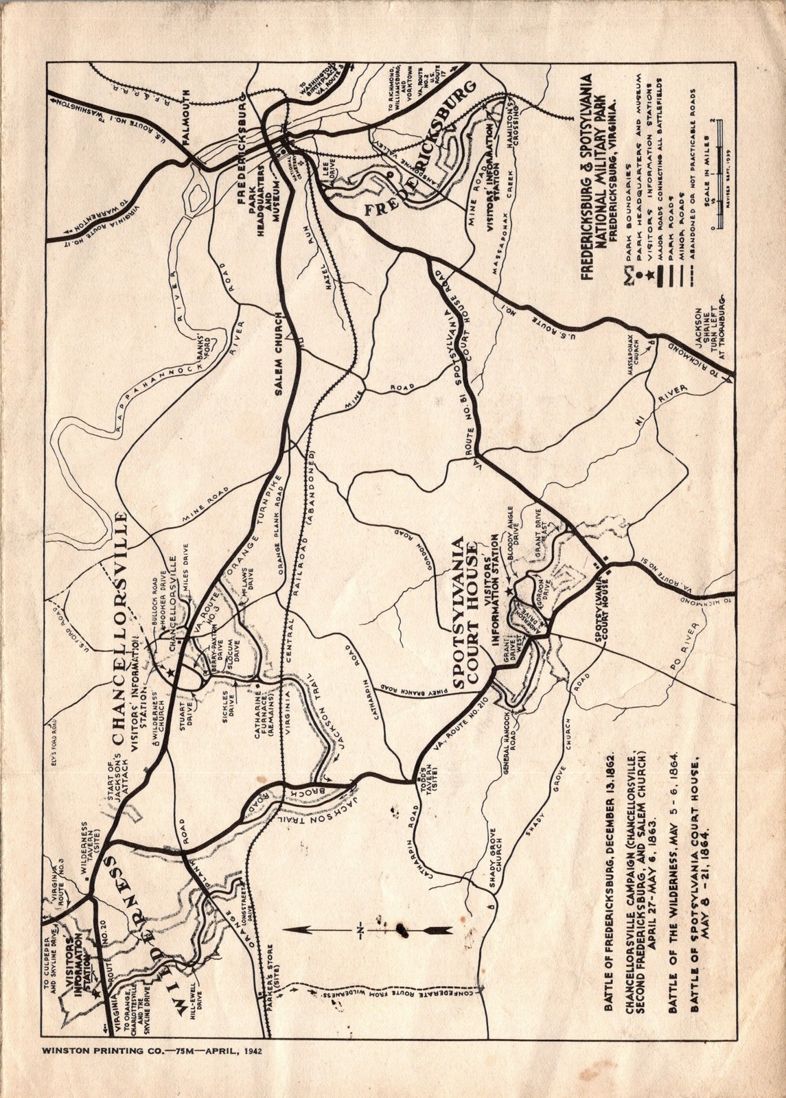 1942 Fredericksburg and Spotsylvania County National Military Park Brochure Map
