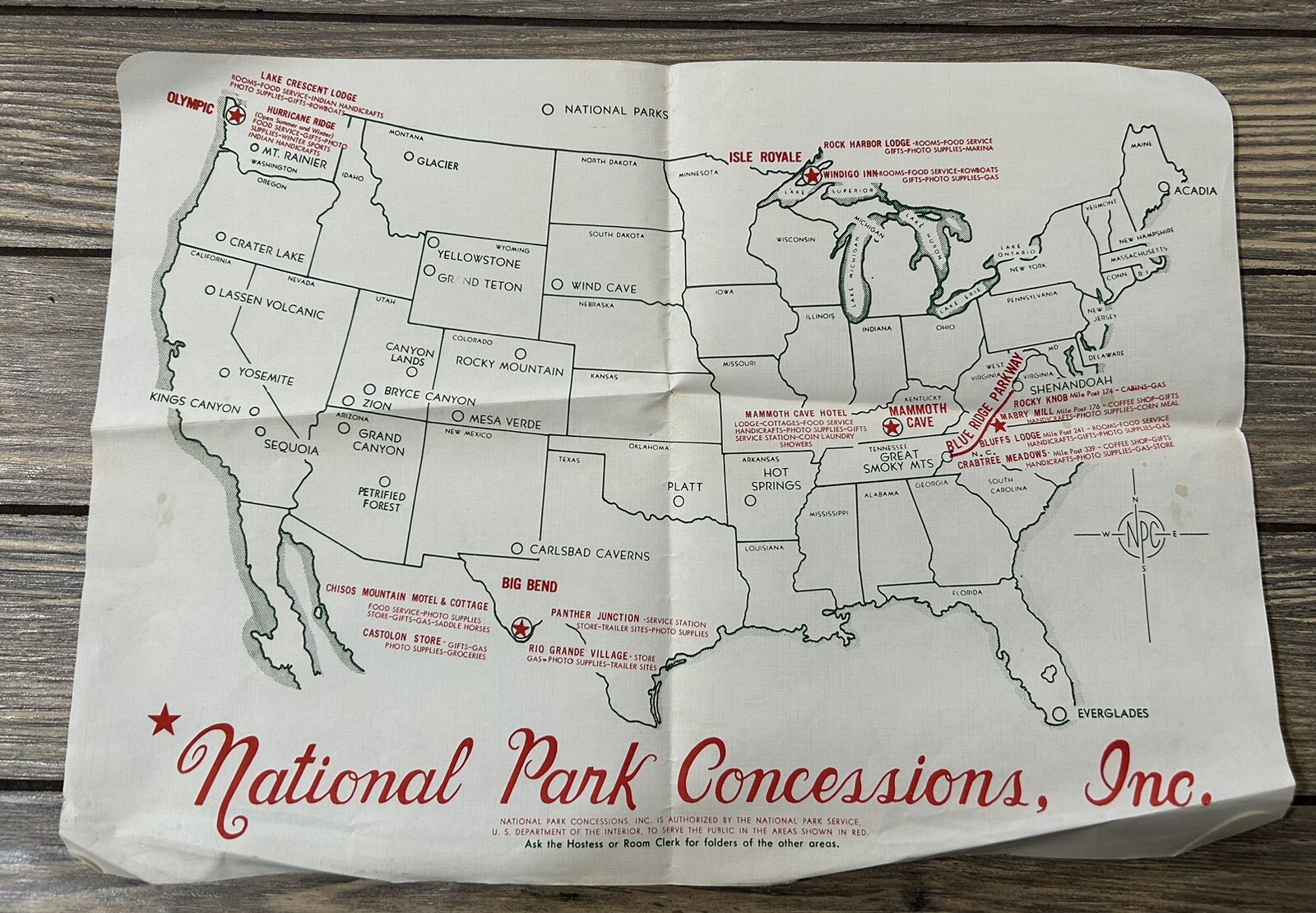 Vintage National Park Concessions Inc Paper 14” x 10” Map United States
