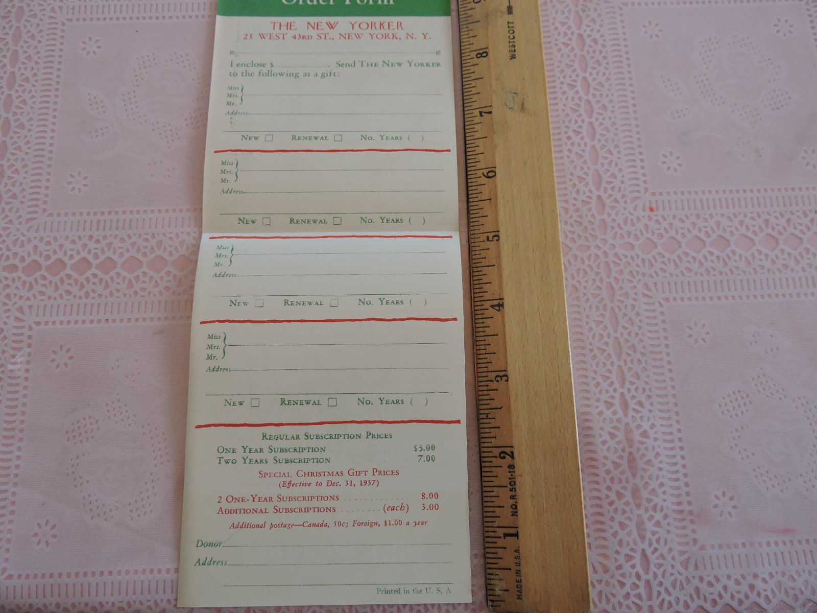 Rare 1930s – ’50s THE NEW YORKER Magazine NYC New York City Signed subscrip Form