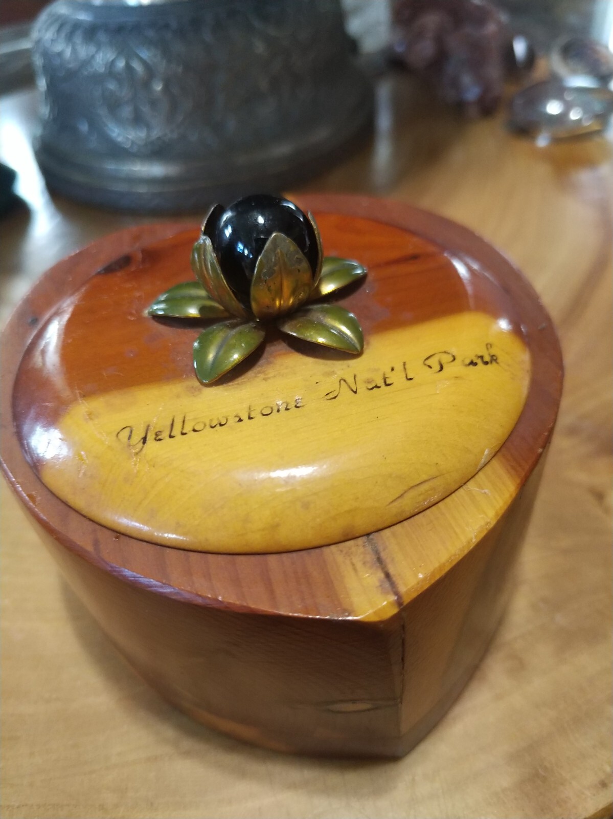 Vintage Yellowstone National Park cedar wood heart trinket box
