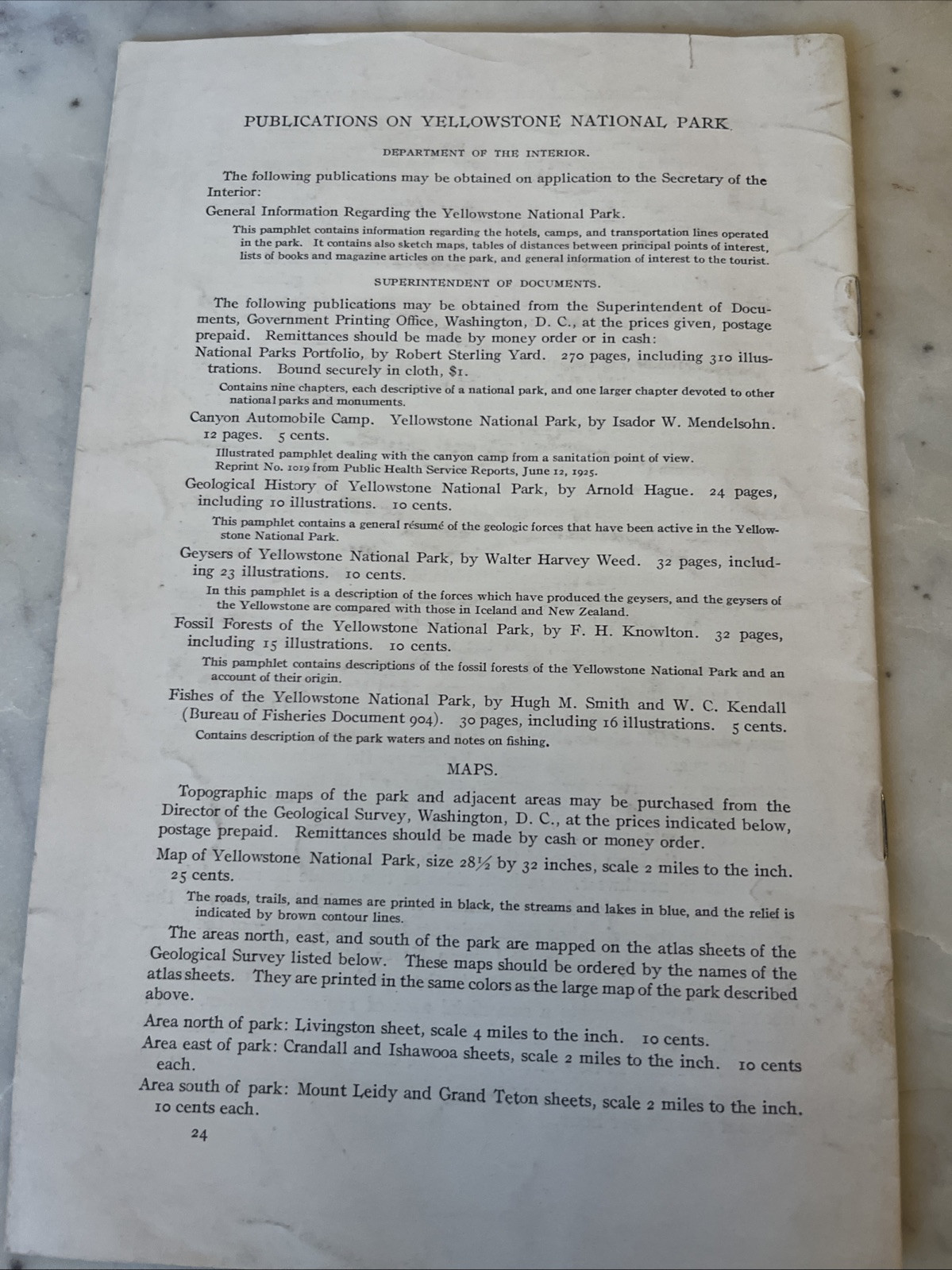 1921 Geological History of the Yellowstone National Park Pamphlet with Map A2