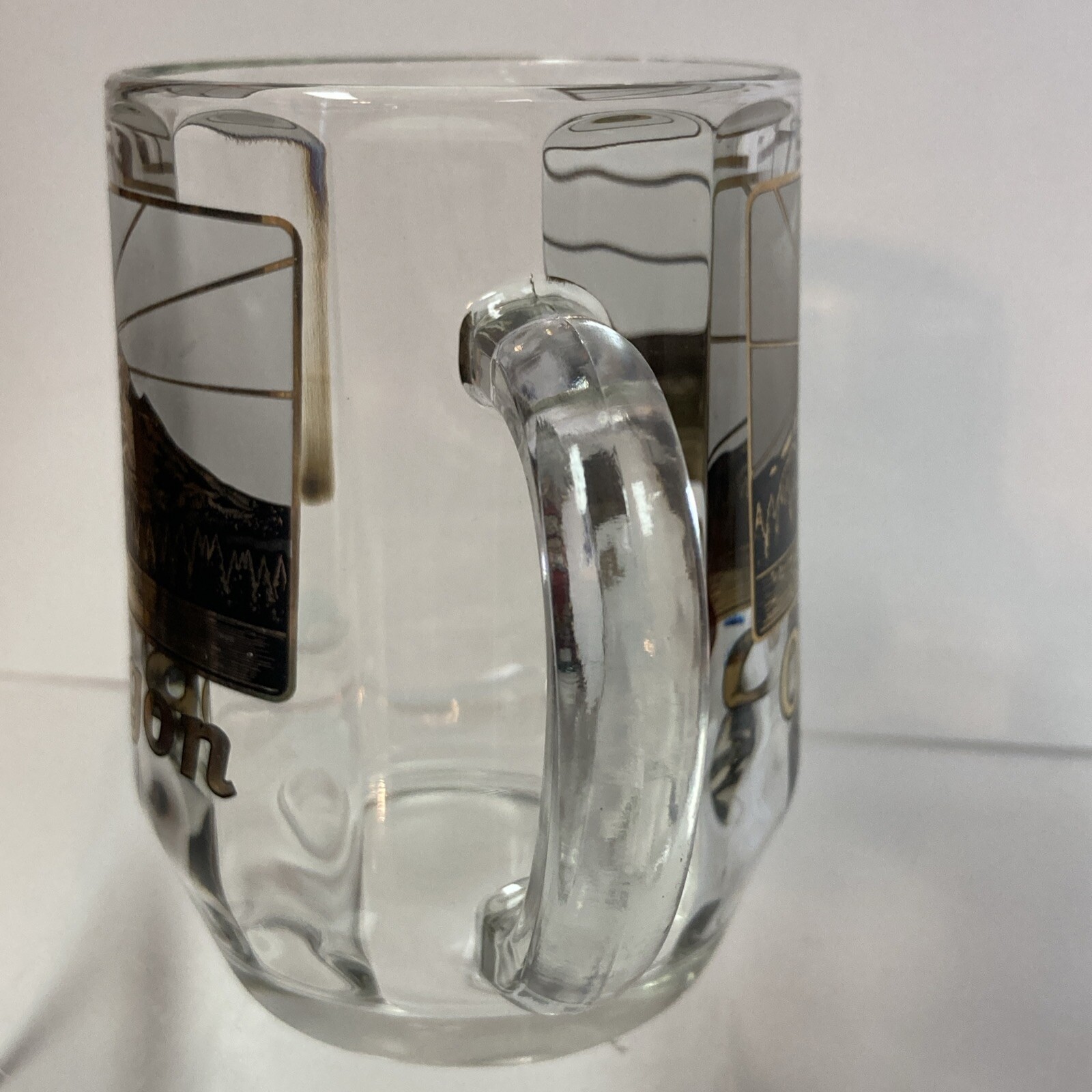 Oregon Coffee Mug Souvenir Glass 22K Gold Black Orange Mt. McLaughlin Sunset USA