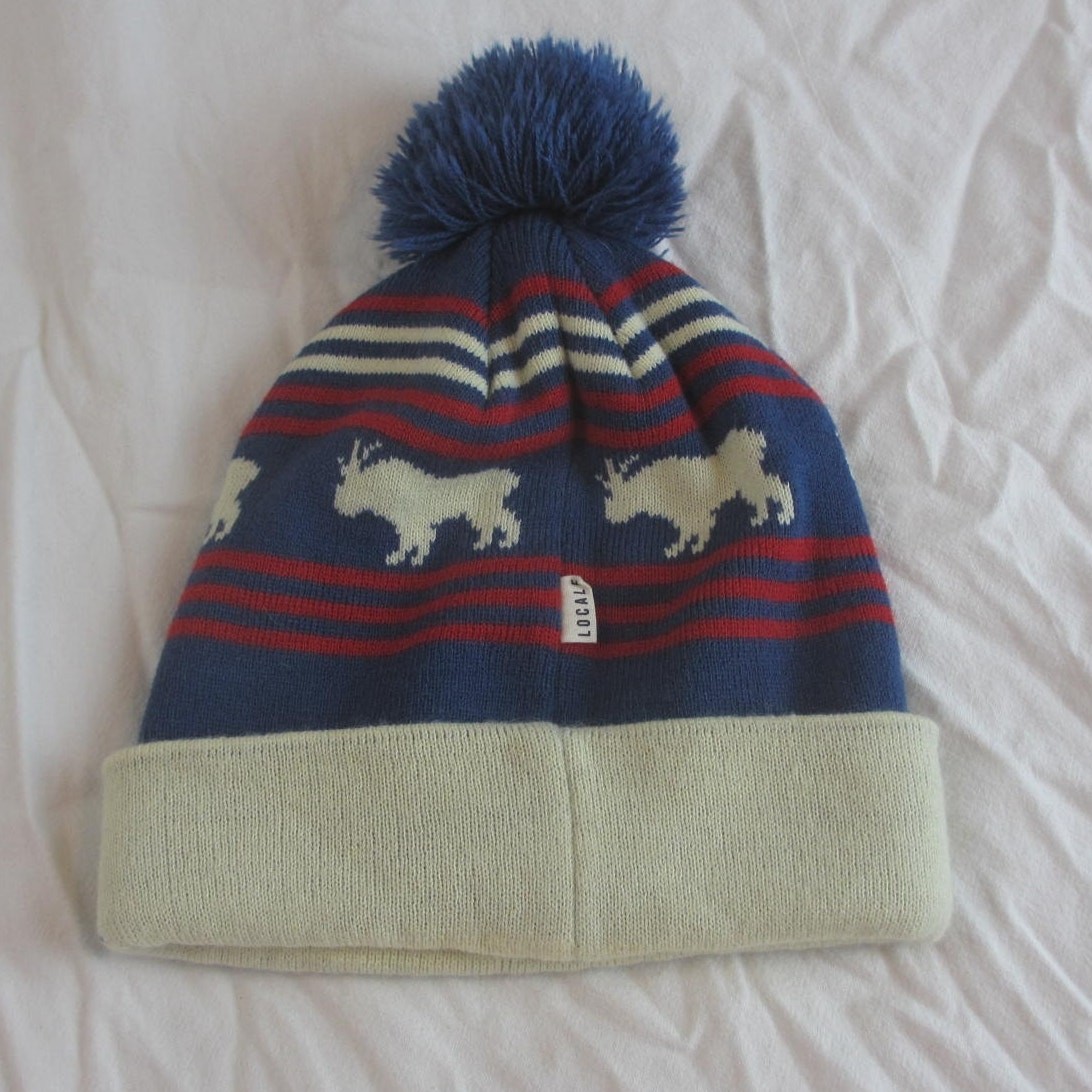 Locale Glacier National Park Beanie/Winter Hat Red/Cream/Blue Fair Isle Cuff/Pom