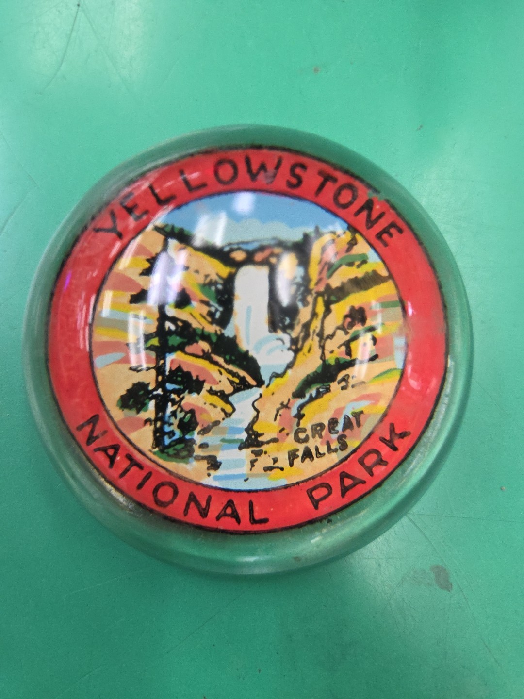 Vintage Yellowstone National Park Glass Paperweight 3″ Dome Great Falls Circular